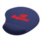 A blue ergonomic mouse pad with a wrist rest. It has the red word Boyesen and a stylized B logo printed on it.