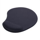 A black ergonomic mouse pad with a wrist rest. The pad has a smooth, curved design with a cushioned area to support the wrist, enhancing comfort for extended computer use.