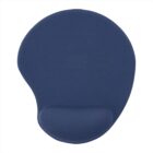 A blue ergonomic mouse pad with a wrist rest, designed to provide comfort while using a computer mouse.