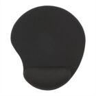A black ergonomic mouse pad with a wrist rest positioned at the bottom. The pad has a smooth surface and an asymmetrical, curved design.