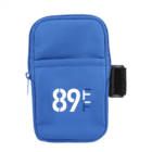 A blue zippered pouch with white text 89F on the front. It has a small front pocket and an adjustable black strap on the side. The pouch appears to be designed for carrying small essentials during activities.