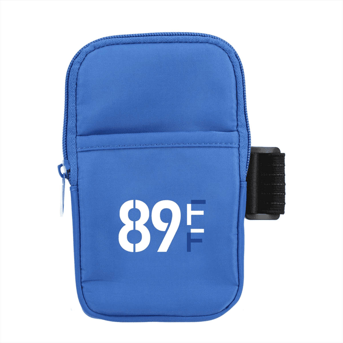 A blue zippered pouch with white text 89F on the front. It has a small front pocket and an adjustable black strap on the side. The pouch appears to be designed for carrying small essentials during activities.