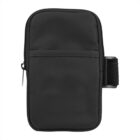 A black rectangular zippered bag with a small front pocket and an adjustable strap on the side, suitable for carrying small items or electronics.