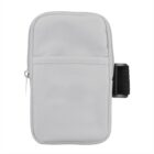 A small, light gray fabric pouch with a zipper on the top. It features an additional front pocket and has a black adjustable strap on the right side, suitable for attaching to belts or bags.