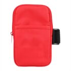 A small red fabric pouch with a zipper on top and an external pocket. It has a black strap attachment on the side.