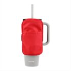 A large white insulated mug with a gray lid, a matching straw, and a prominent handle. Attached to the mug is a bright red zippered pouch, designed for holding small items.