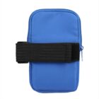 A blue pouch with a zipper at the top and a vertical black elastic strap across the front. It features a small silver zipper pull. The strap is fastened with a hook-and-loop closure.