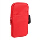 A bright red, rectangular pouch with a zipper closure is shown. It has a small pocket on the front and a black strap on the right side, likely for attachment or carrying. The pouch is standing upright.