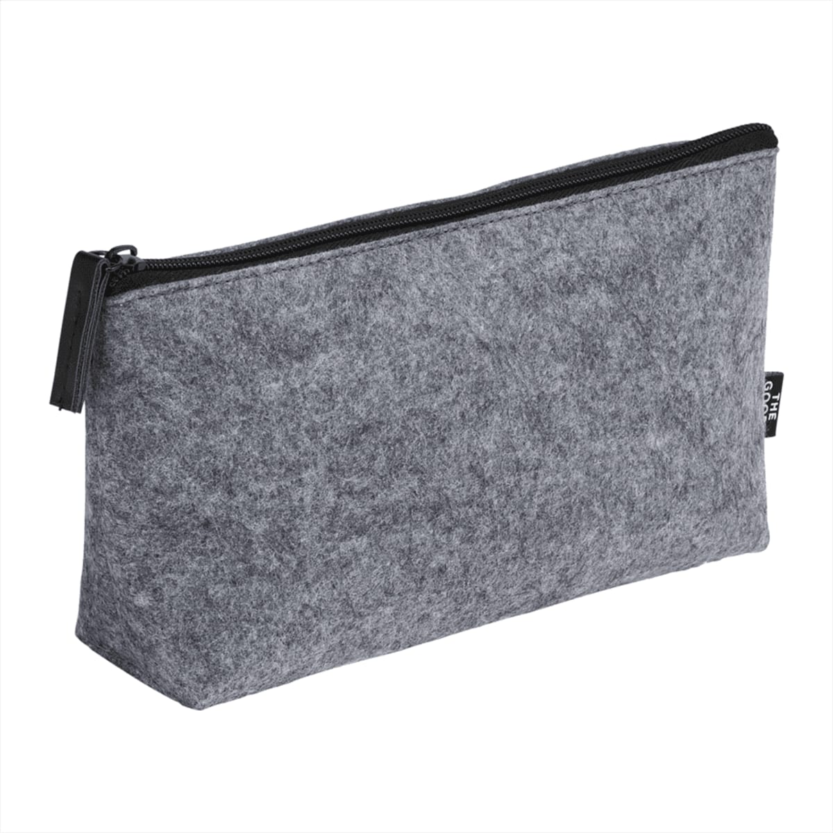 A rectangular gray felt pouch with a black zipper and a small black tag on the side. The pouch is standing upright on a white background.