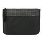 A black zippered pouch with a grid pattern on the upper section. The main body is plain, and theres a small black loop on one side for carrying.