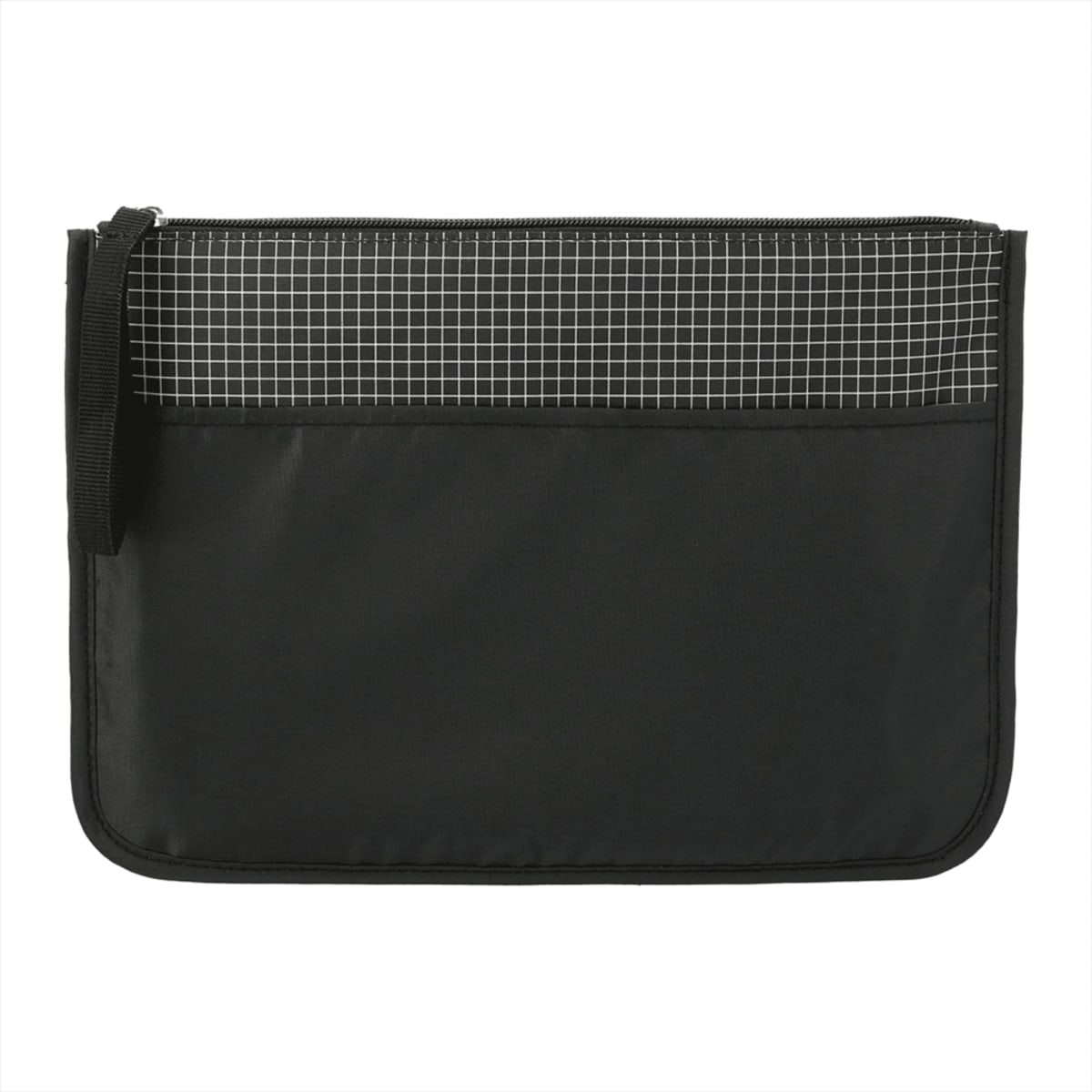 A black zippered pouch with a grid pattern on the upper section. The main body is plain, and theres a small black loop on one side for carrying.