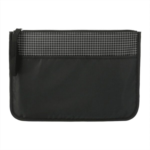 A black rectangular pouch with a grid pattern on the top section and a solid black bottom. It features a black zipper on the left side and a wrist strap.