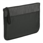 A black zippered pouch with a grid pattern on the top section. It features a handle on one side and a larger plain black section below the grid pattern.