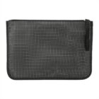 Black zippered pouch with a grid pattern on the front. The pouch has a small black strap attached to the zipper pull. The background is plain white.