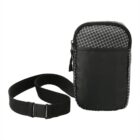 A small black crossbody bag with a checkered pattern on the top section. It features a zip closure and an adjustable strap with a plastic buckle.