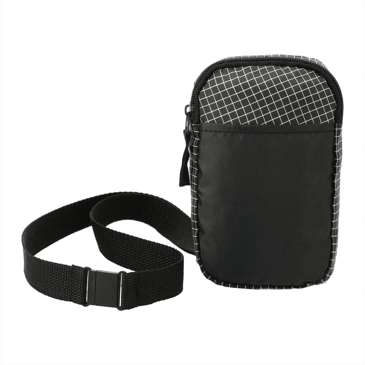 A small black crossbody bag with a checkered pattern on the top section. It features a zip closure and an adjustable strap with a plastic buckle.