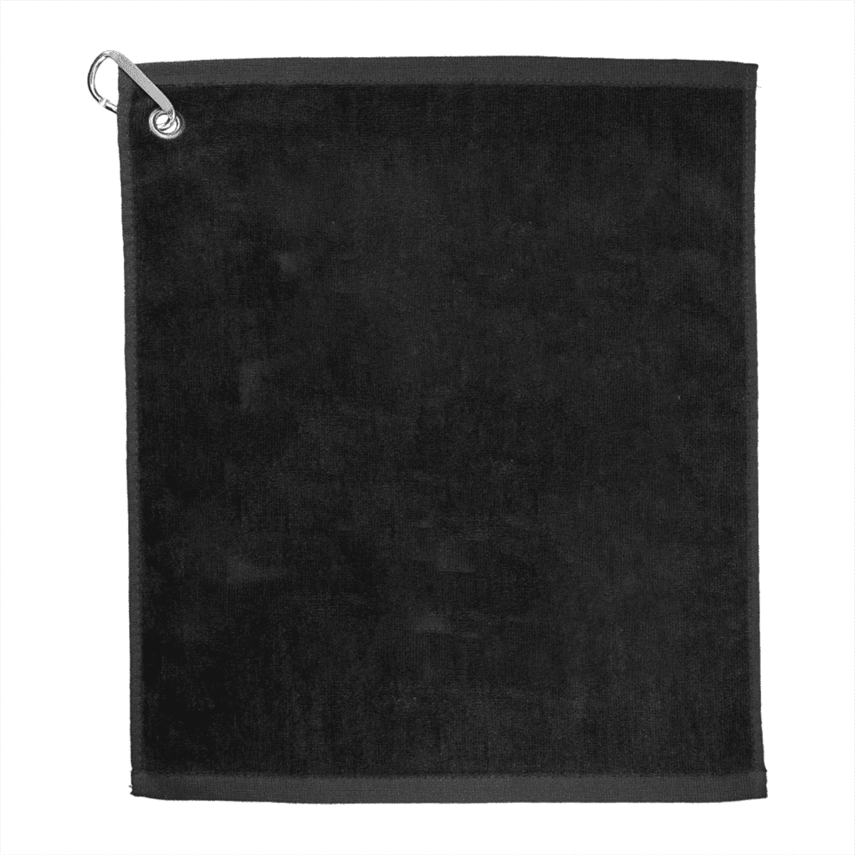 A black microfiber towel with a metal grommet in one corner attached to a small silver carabiner. The towel is laid flat against a white background, appearing smooth and rectangular.