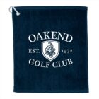 Blue towel featuring Oakend Golf Club text and a shield logo with an oak leaf and acorns. Established in 1972, the design is centered with a silver grommet and hook in the top left corner.
