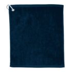 A dark blue textured towel with a metal grommet in the top left corner, attached to a silver carabiner. The towel is rectangular and has a smooth surface.