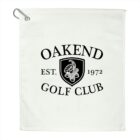 White golf towel featuring OAKEND GOLF CLUB, EST. 1972, and a shield with acorn and oak leaves in black font. Eyelet in the top left corner.