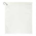 A plain white towel with a metal ring looped through a corner is displayed against a neutral background. The towel is rectangular, and the metal ring is secured in a grommet.