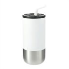 A tall, insulated tumbler with a sleek design. It has a white body and a stainless steel base. A white straw extends from the plastic lid, which features a secure, spill-proof seal. The background is plain white.