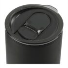 A black travel mug with a plastic sliding lid sits on a white background. The lid is closed, showing the sleek design and providing a secure seal to prevent spills.