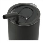 A close-up image of a black insulated tumbler with a lid and a bent straw. The lid is shiny and the straw is attached to the top, positioned at an angle. The tumbler has a sleek, modern design.