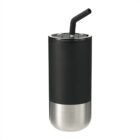 A stainless steel travel tumbler with a matte black upper section and a shiny silver bottom. It features a black straw protruding from the top.