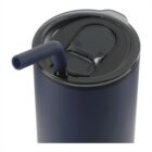 A dark blue tumbler with a black lid is shown. The lid features a sliding closure and an angled black straw inserted into the opening. The tumbler has a sleek, modern design.