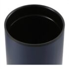 Close-up of a black cylindrical container filled with dark liquid. The containers rim is visible, and the liquid appears still, showing a reflective surface. The background is white.