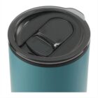 A teal-colored insulated travel mug with a black plastic lid, shown from a top angle. The lid features a sliding cover for the drinking spout.