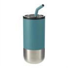 A cylindrical tumbler with a teal upper half and a metallic lower half. It has a teal straw inserted into the lid, standing against a white background. The tumbler appears sleek and modern.