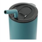 A teal tumbler with a black lid and a built-in teal straw. The lid features a sliding mechanism for opening and closing. The tumbler is designed for beverages on the go.