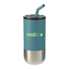 A teal and stainless steel insulated tumbler with a lid and a teal straw. The tumbler features the text medibrio in light green on its side.