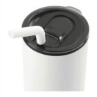 A close-up of a white tumbler with a black lid featuring a flip-top opening. A short, white, curved straw is inserted into the flip-top opening. The background is white and uncluttered.