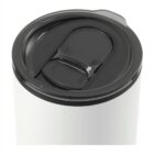 A close-up of a tumbler with a black lid. The lid has a sliding closure for drinking, set against the plain white body of the tumbler. The lid is slightly recessed into the top of the tumbler.