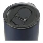 A close-up of a gray travel tumbler with a plastic lid and a sliding mechanism for sipping. The tumbler has a smooth finish and the lid is tightly fitted, designed for portability and convenience.