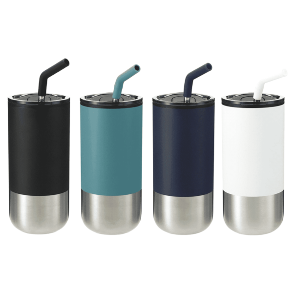 Four stainless steel tumblers with lids and straws are shown in a row. The tumblers are black, teal, navy, and white, each featuring a matte finish and a two-tone design with silver bottoms. Each lid has a straw matching the tumblers color.