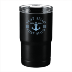 Black insulated tumbler with a clear lid featuring the text Port Bello and Est. 2004 in light blue. An anchor design is between the text lines, accompanied by wavy lines on either side.