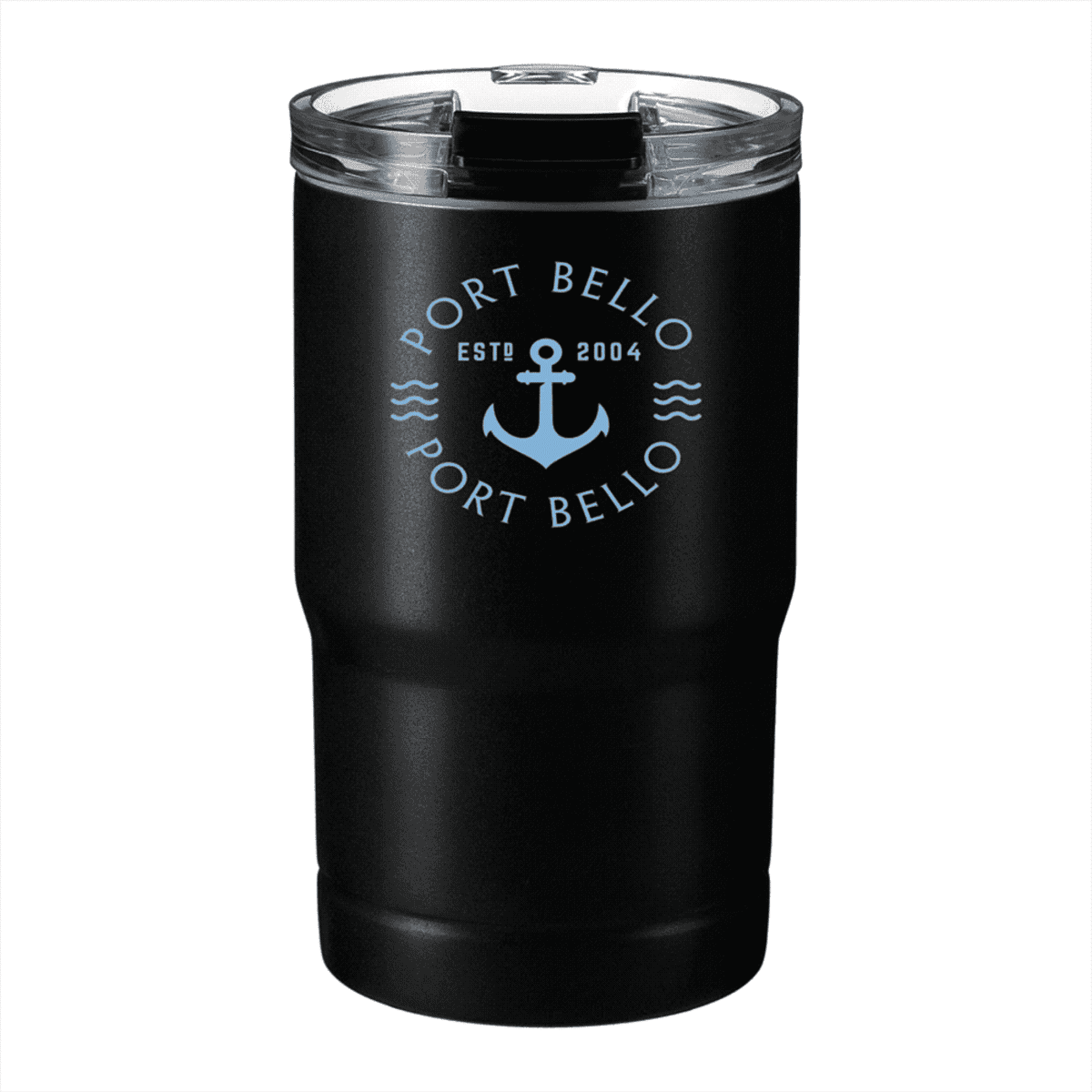 Black insulated tumbler with a clear lid featuring the text Port Bello and Est. 2004 in light blue. An anchor design is between the text lines, accompanied by wavy lines on either side.