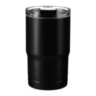 A sleek black insulated tumbler with a transparent lid and a slide closure. The cylindrical design has a slightly tapered shape, providing a modern and functional appearance.