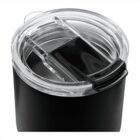 A close-up of a black travel mug with a transparent, sliding lid. The lid is clear and designed to prevent spills, showing the opening mechanism. The mugs surface is smooth and matte.