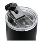Close-up of a black insulated tumbler with a transparent plastic lid. The lid features a black flip-top closure for drinking and a clear straw hole. The design is sleek and modern, emphasizing functionality and style.