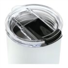 A close-up of a white insulated tumbler with a clear, plastic sliding lid. The lid has a black sliding cover that can be positioned to open or close the sip hole. The tumbler is shown against a white background.