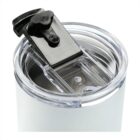 A close-up of a clear tumbler lid with a secure black sliding cover. The lid features a circular opening for sipping and is attached to a stainless steel insulated cup. The design is sleek and modern, aimed at preventing spills.