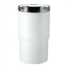 A white, insulated tumbler with a clear, plastic lid and a black sliding sip cover is pictured against a white background. The tumbler has a smooth, slightly tapered design.