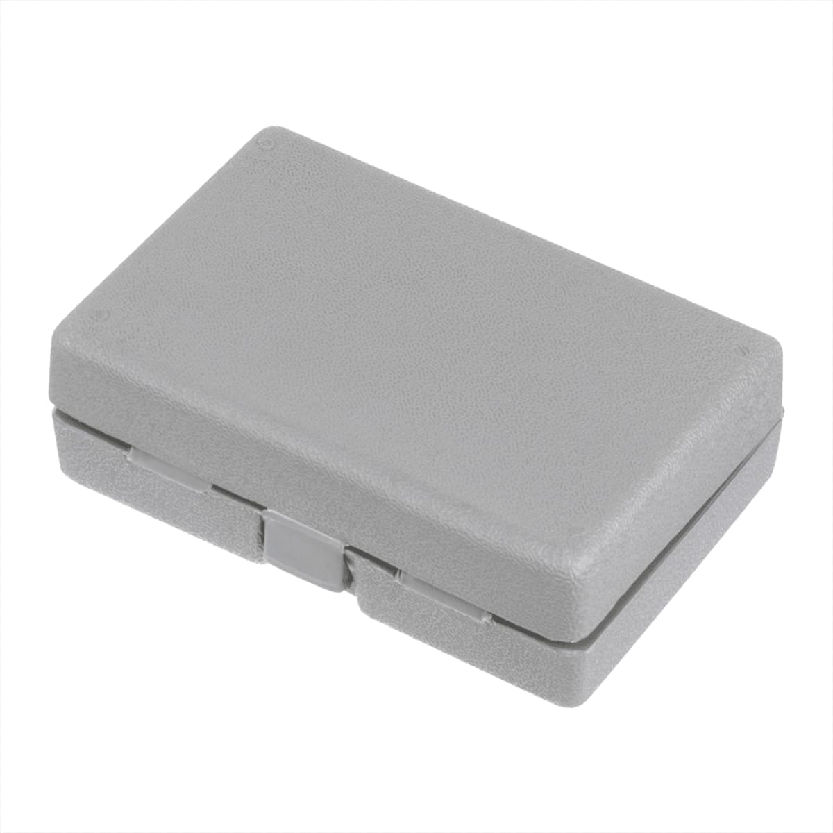 A small, closed gray plastic case with a textured surface, featuring a latch on one side for opening.
