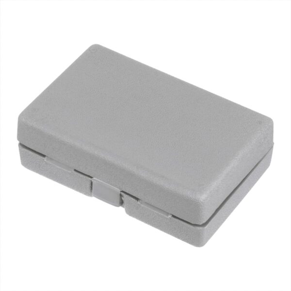 A closed, light gray rectangular plastic case with a textured surface and a hinge on one side. The case is set against a plain white background.