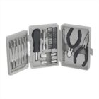 A compact grey tool kit with a variety of tools inside, including precision screwdrivers, a larger screwdriver with bits, sockets, and pliers. The tools are neatly organized in a plastic case, with designated slots for each item.